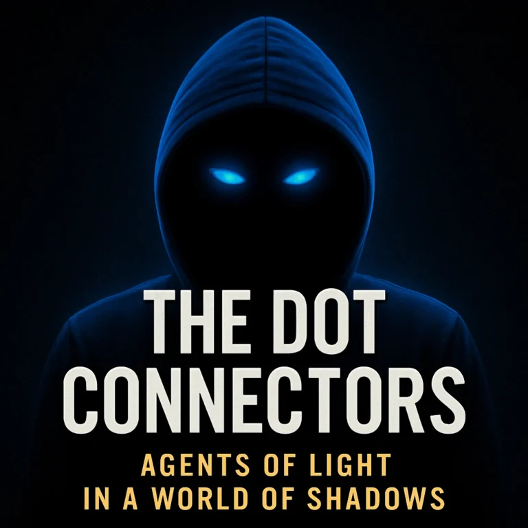 A hooded figure with glowing blue eyes stands in the shadows against a dark background. Bold text reads: “The Dot Connectors – Agents of Light in a World of Shadows.”