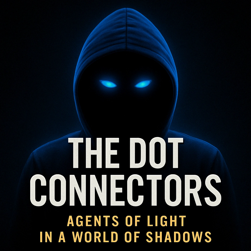 A hooded figure with glowing blue eyes stands in the shadows against a dark background. Bold text reads: “The Dot Connectors – Agents of Light in a World of Shadows.”