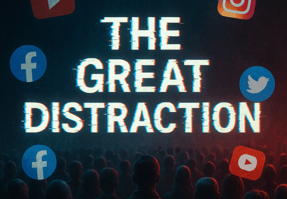A crowd of hypnotized people stare at a massive glowing screen with glitchy text reading “The Great Distraction,” surrounded by floating social media icons and shadowy puppet masters in a red and blue digital haze.