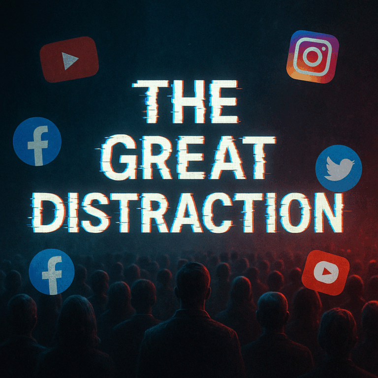 A crowd of hypnotized people stare at a massive glowing screen with glitchy text reading “The Great Distraction,” surrounded by floating social media icons and shadowy puppet masters in a red and blue digital haze.