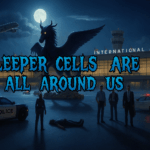 A dark, cinematic illustration of Denver International Airport at night featuring a demonic black pegasus with glowing red eyes, police vehicles, armed figures, and ominous blue-and-black horror-themed text that reads “Sleeper Cells Are All Around Us.”