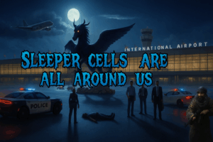A dark, cinematic illustration of Denver International Airport at night featuring a demonic black pegasus with glowing red eyes, police vehicles, armed figures, and ominous blue-and-black horror-themed text that reads “Sleeper Cells Are All Around Us.”