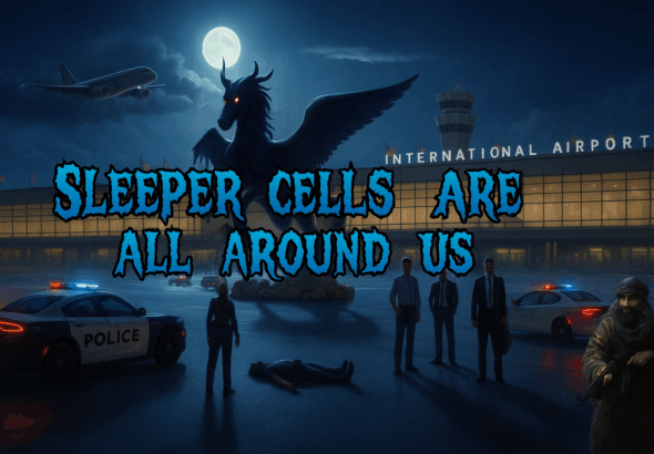 A dark, cinematic illustration of Denver International Airport at night featuring a demonic black pegasus with glowing red eyes, police vehicles, armed figures, and ominous blue-and-black horror-themed text that reads “Sleeper Cells Are All Around Us.”