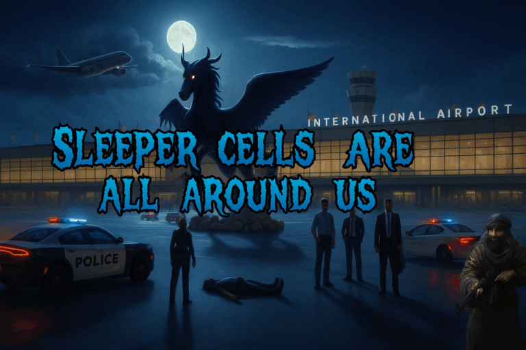A dark, cinematic illustration of Denver International Airport at night featuring a demonic black pegasus with glowing red eyes, police vehicles, armed figures, and ominous blue-and-black horror-themed text that reads “Sleeper Cells Are All Around Us.”