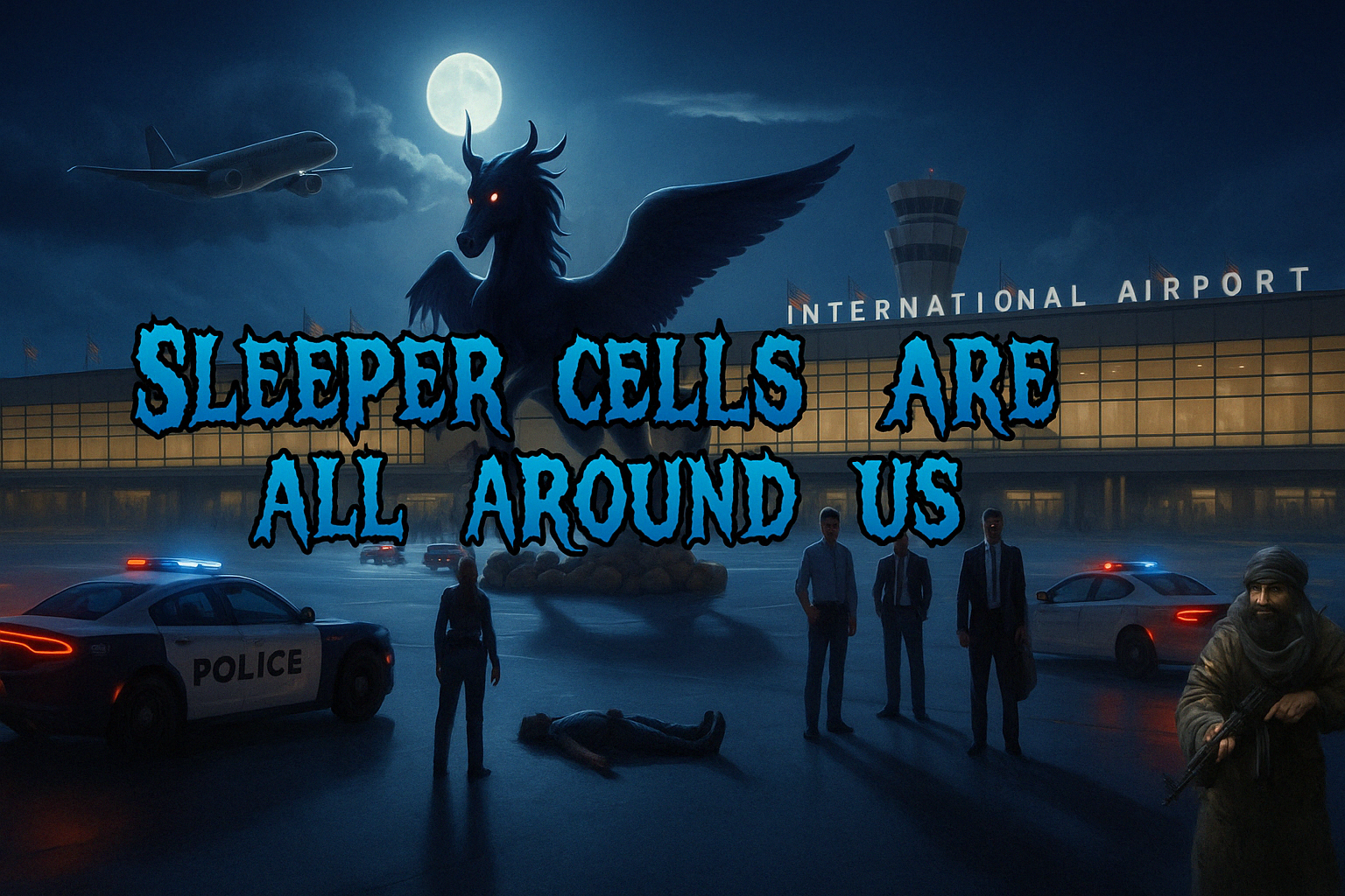 A dark, cinematic illustration of Denver International Airport at night featuring a demonic black pegasus with glowing red eyes, police vehicles, armed figures, and ominous blue-and-black horror-themed text that reads “Sleeper Cells Are All Around Us.”