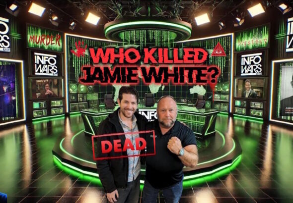 Digital collage showing Alex Jones and Jamie White standing together in a futuristic Infowars studio, with blood-dripping text reading “Who Killed Jamie White?” and the word “DEAD” stamped across Jamie. Illuminati symbol, red handprint, and matrix-style graphics emphasize the conspiracy tone.