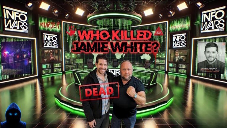Digital collage showing Alex Jones and Jamie White standing together in a futuristic Infowars studio, with blood-dripping text reading “Who Killed Jamie White?” and the word “DEAD” stamped across Jamie. Illuminati symbol, red handprint, and matrix-style graphics emphasize the conspiracy tone.